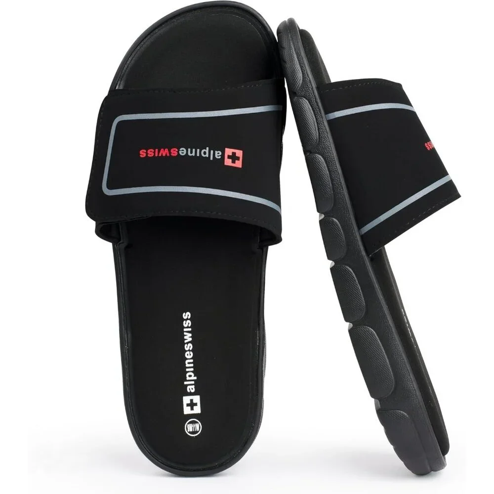 Men's Slide Sandals Black Arch Support Adjustable Strap Anti-Slip
